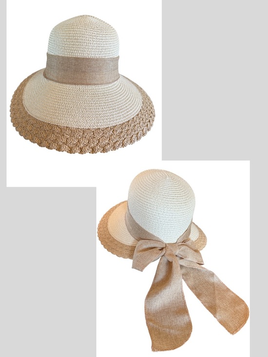 Accessories - Wide Brim Straw Sun Hat Beige Ribbon Bow New No tag